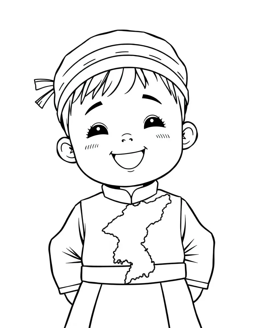 A smiling child with a map of North Korea and a traditional costume.