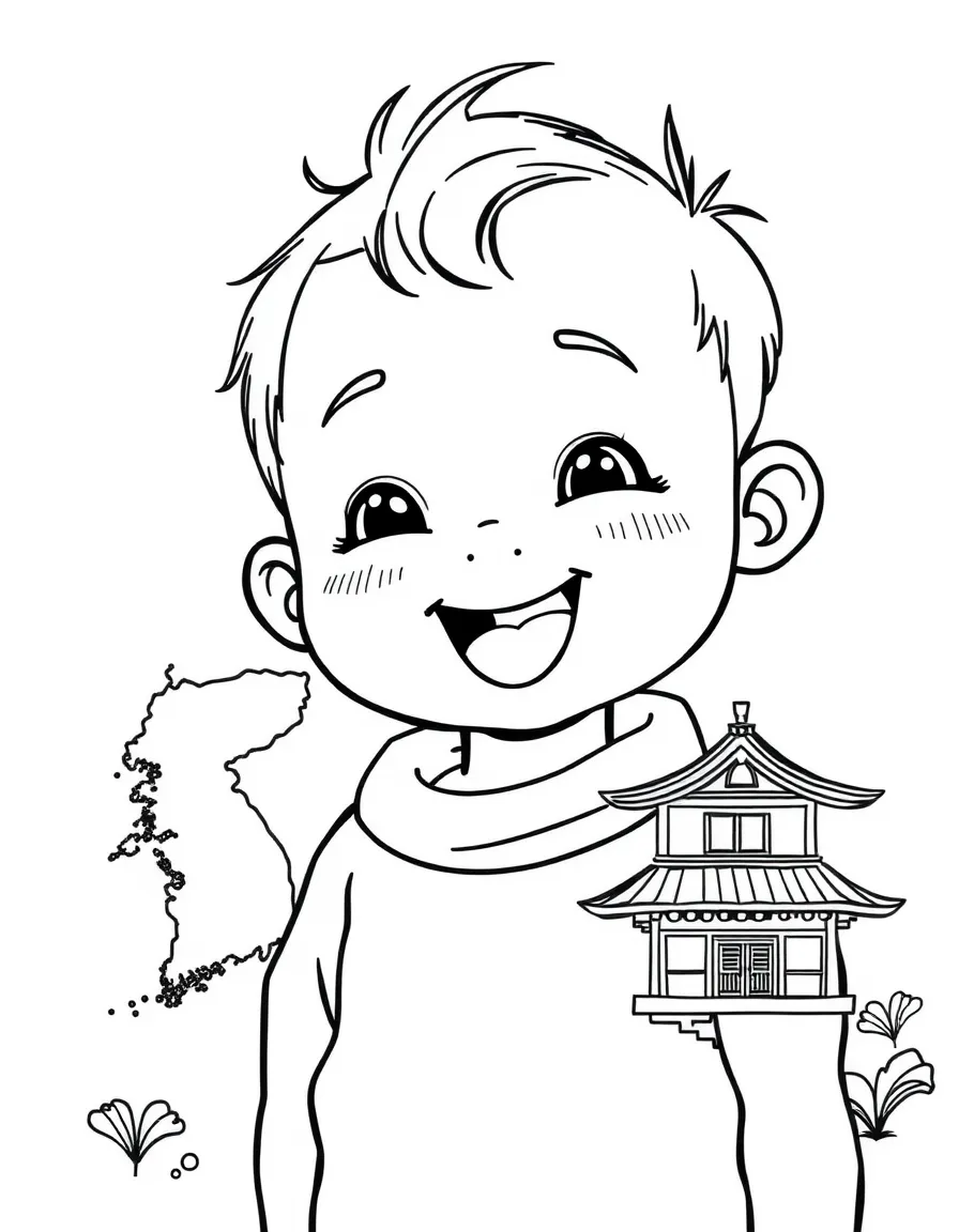 A happy child with a map of South Korea and a traditional house.