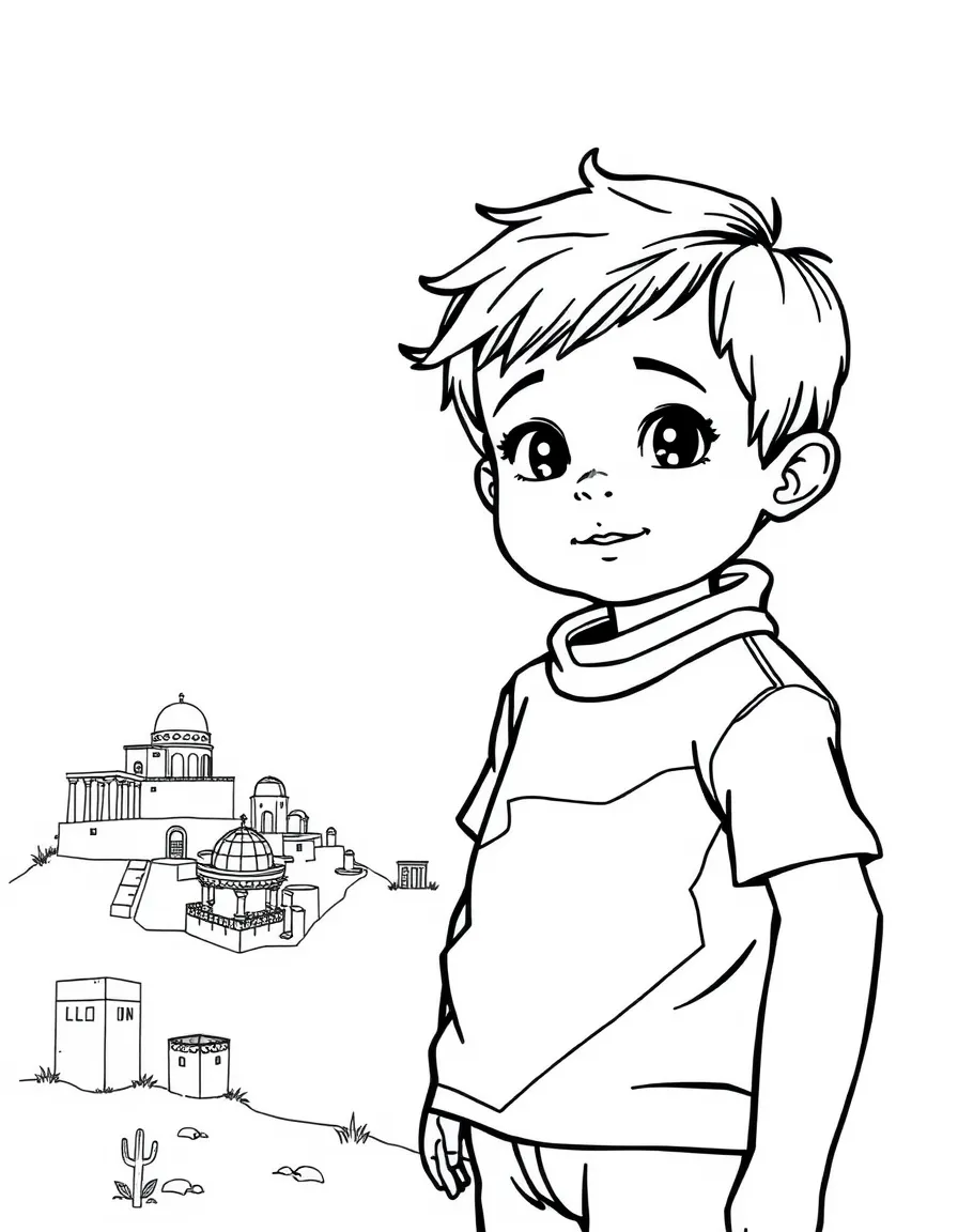 A child with a map of Syria and ancient ruins.