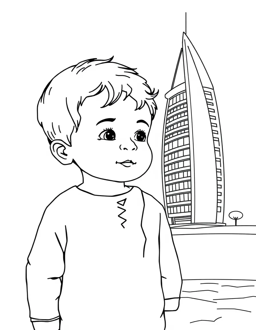 A child with a map of Qatar and a modern building.