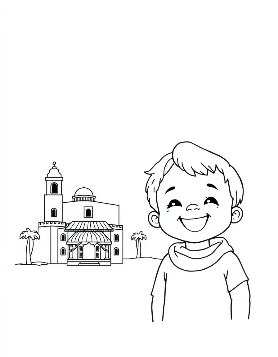 A happy child with a map of Yemen and a traditional building.