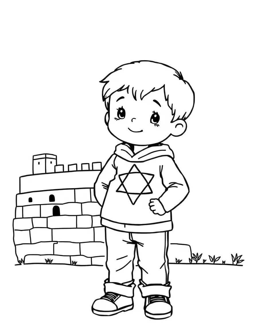 A child with a map of Israel and a wall.