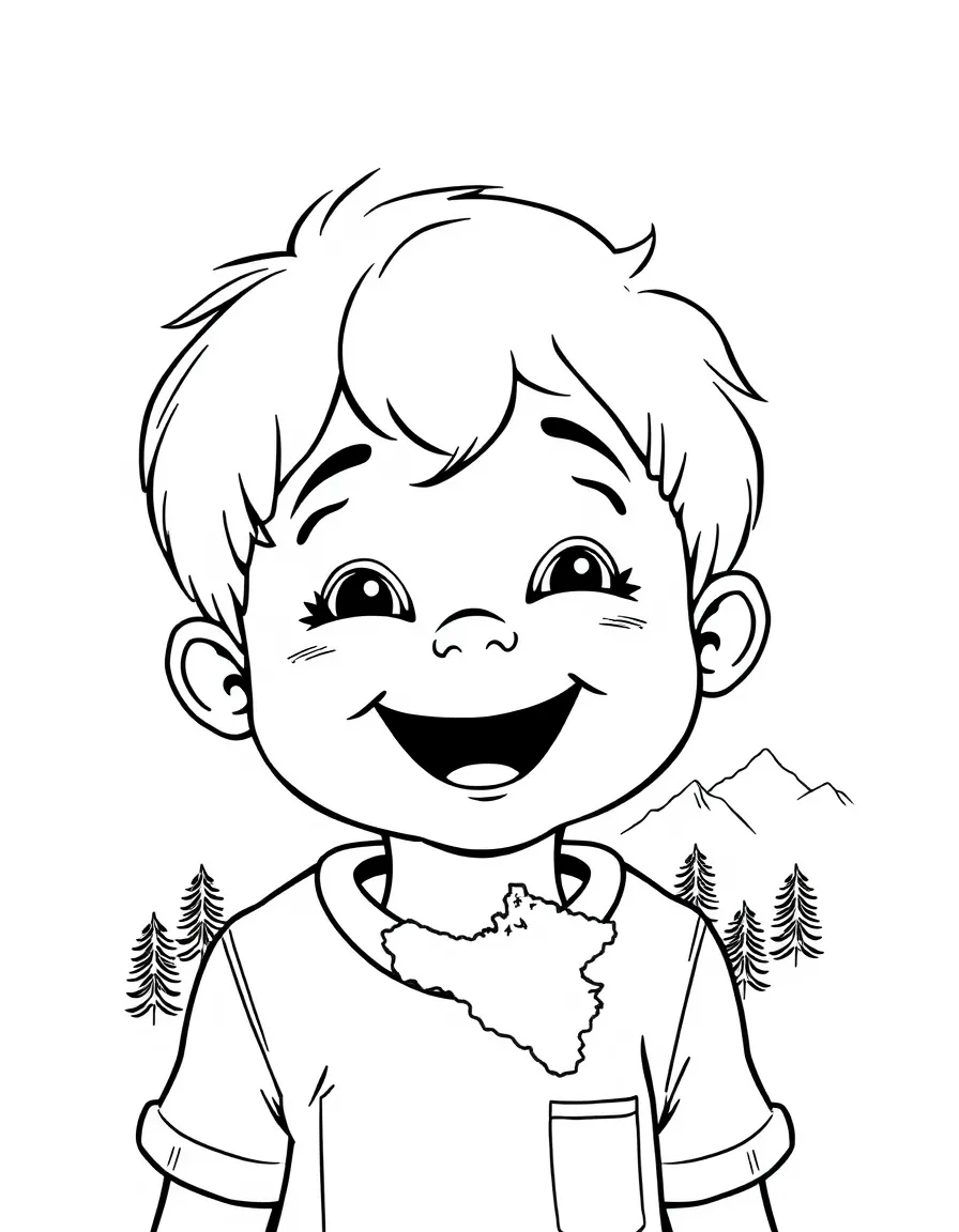 A happy child with a map of Georgia and mountains.