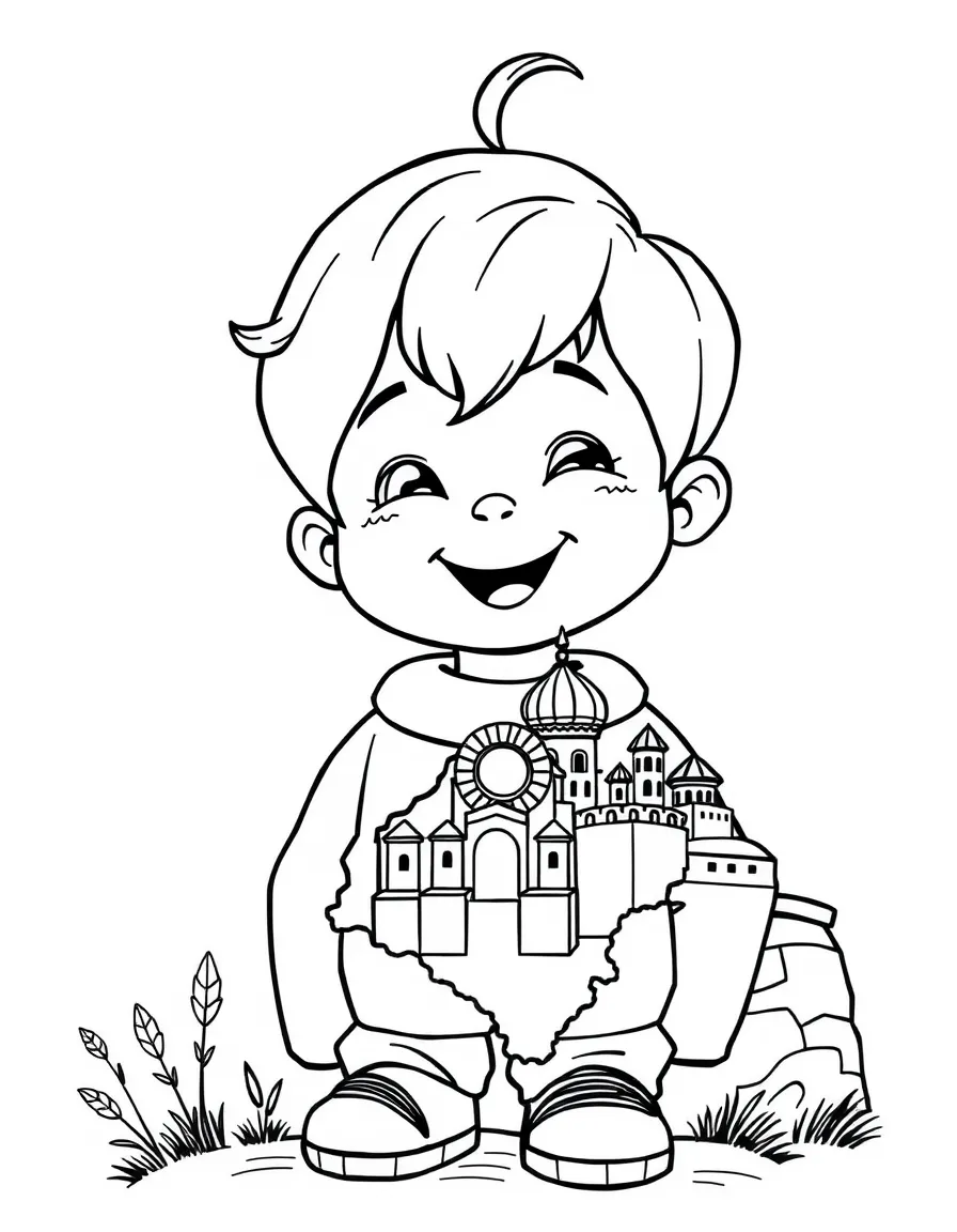 A cheerful child with a map of Armenia and a monastery.