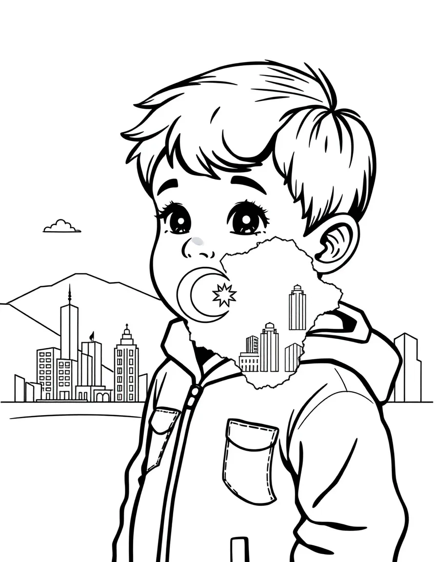 A child with a map of Azerbaijan and modern buildings.