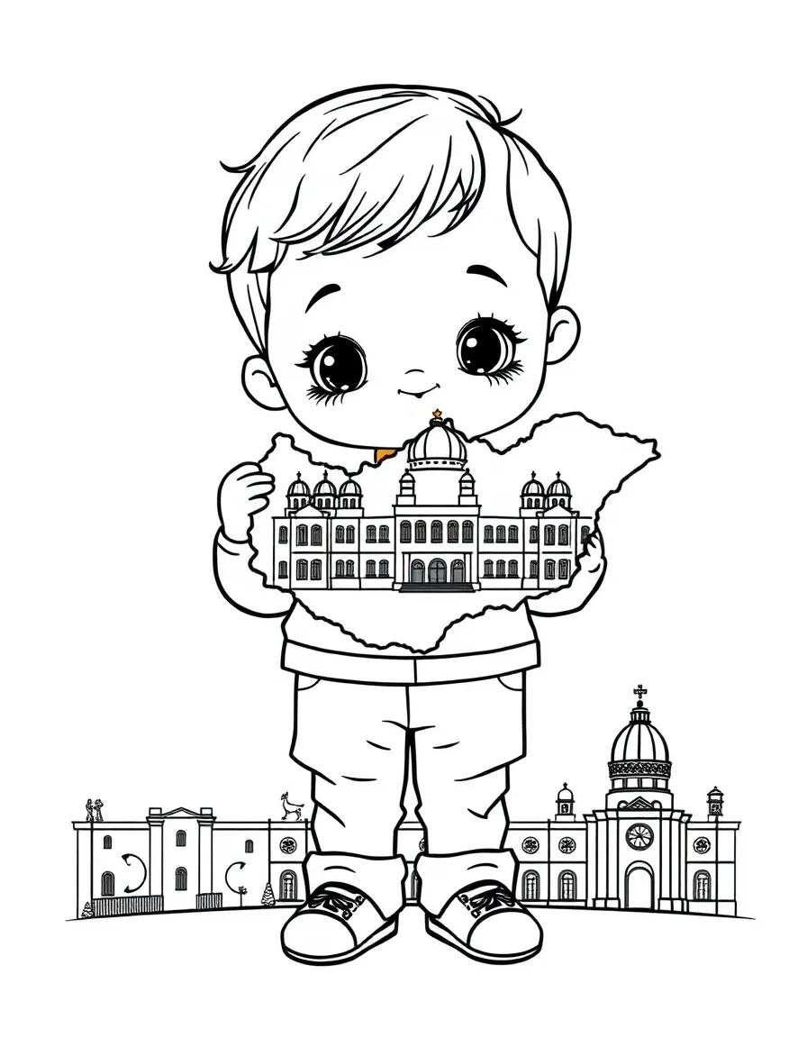 A child with a map of Hungary and a parliament building.