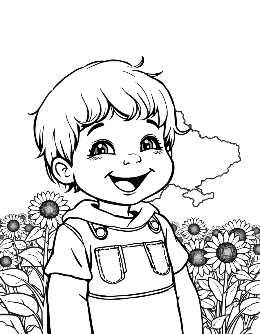 A cheerful child with a map of Ukraine and a sunflower field.