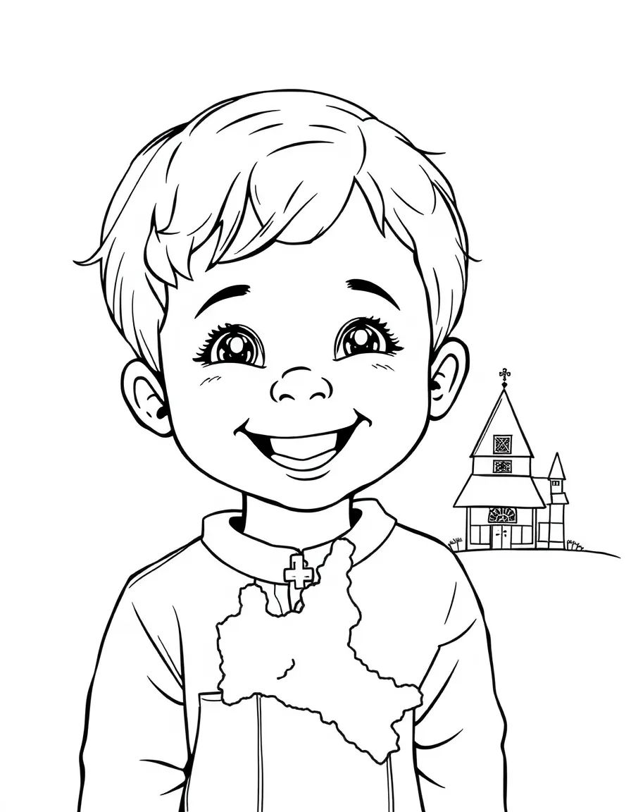 A happy child with a map of Latvia and a traditional building.