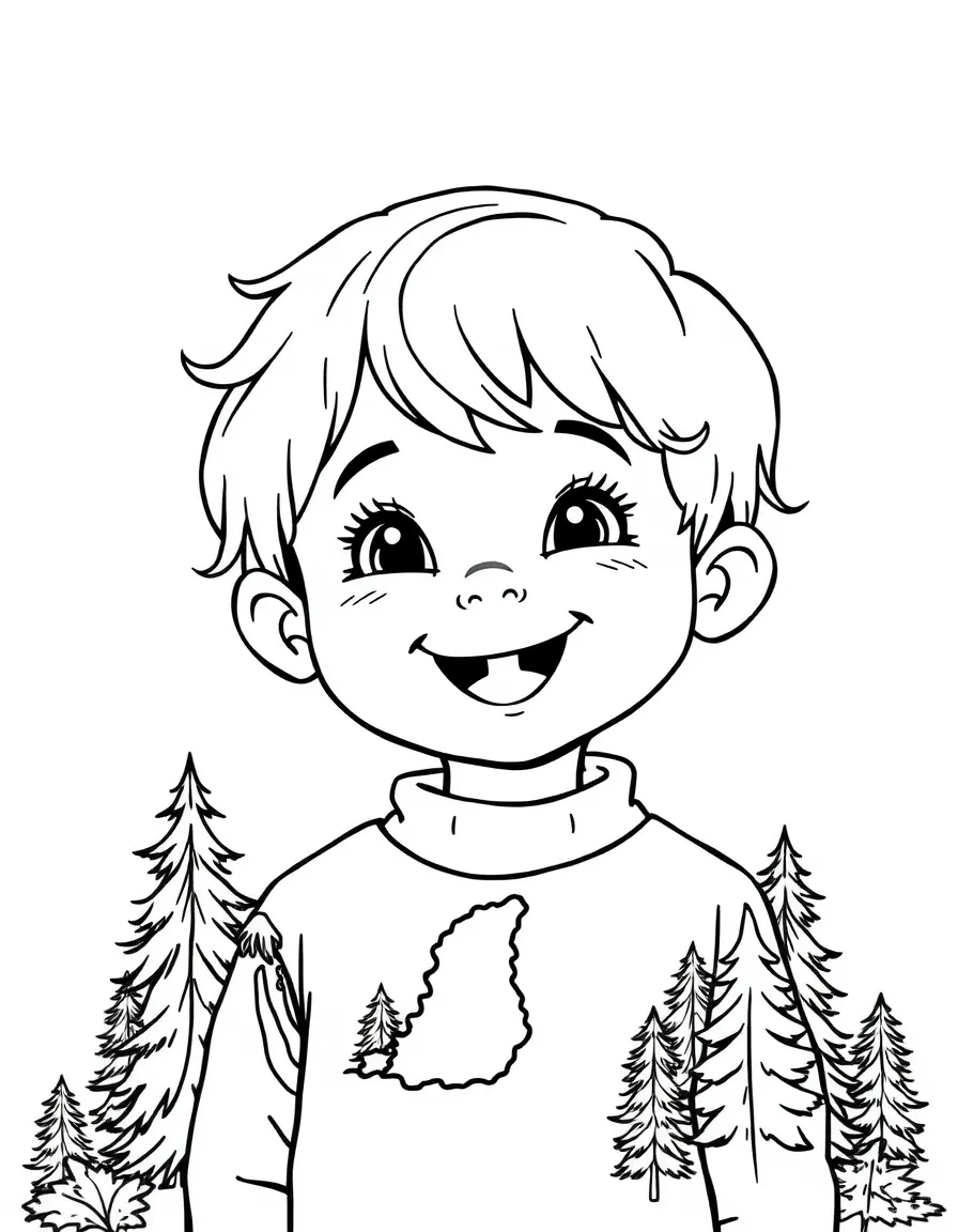 A cheerful child with a map of Estonia and a forest.
