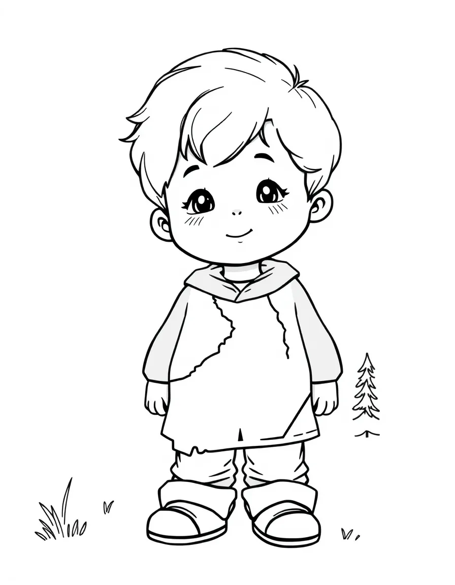 A child with a map of Finland and a lake.