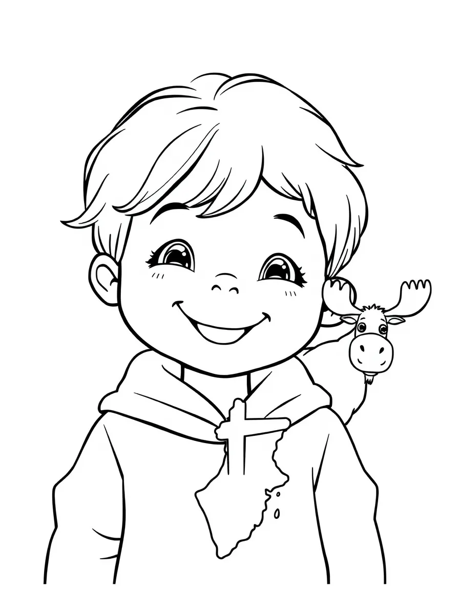 A smiling child with a map of Sweden and a moose.