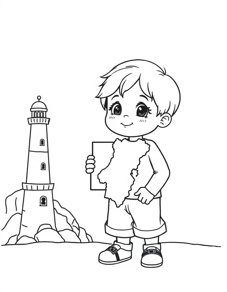A child with a map of Portugal and a lighthouse.