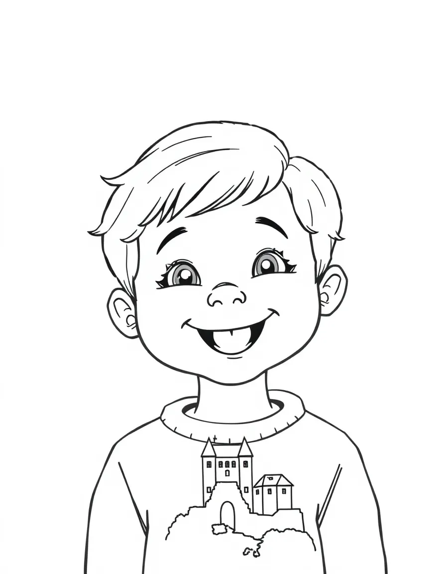 A smiling child with a map of Luxembourg and a castle.