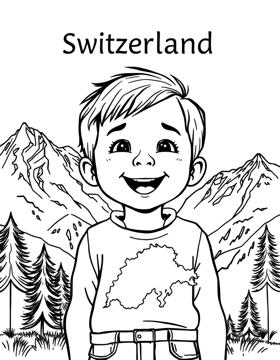 A happy child with a map of Switzerland and mountains.