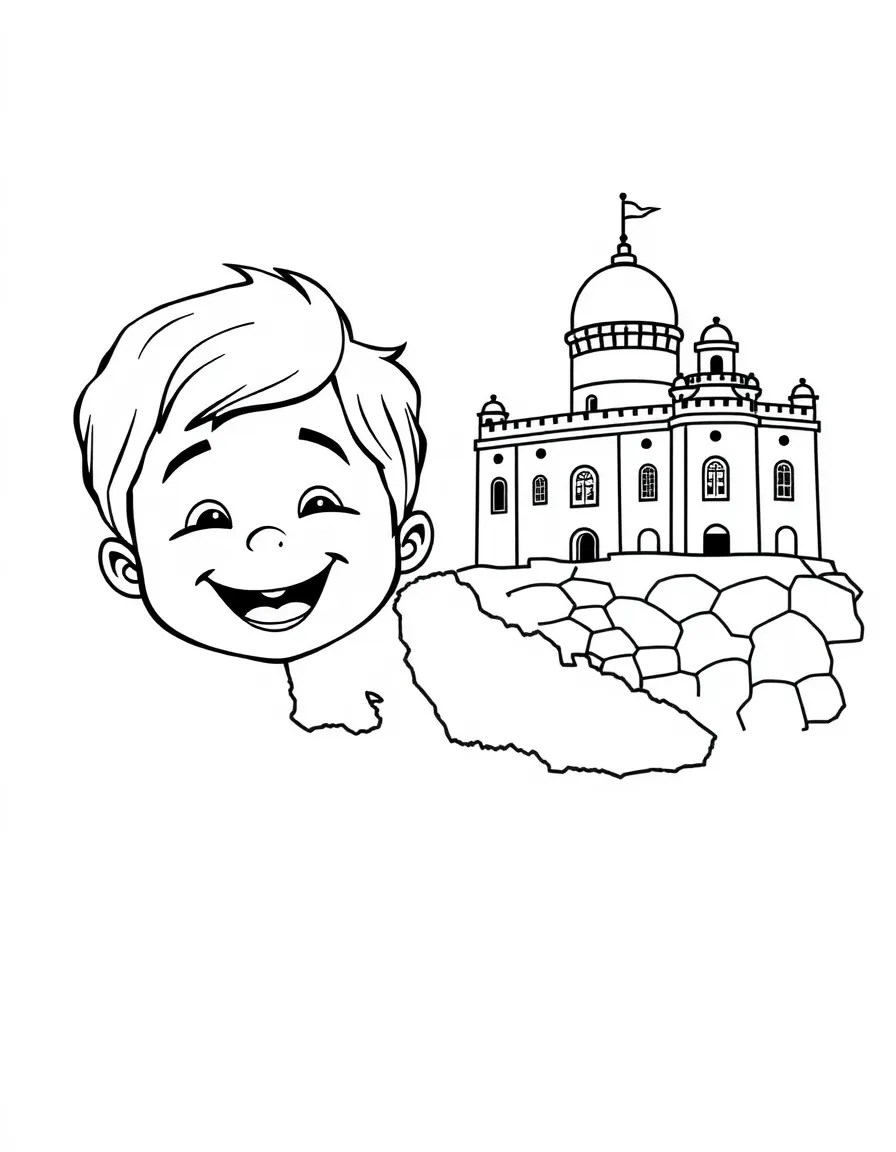 A cheerful child with a map of Malta and a historic building.