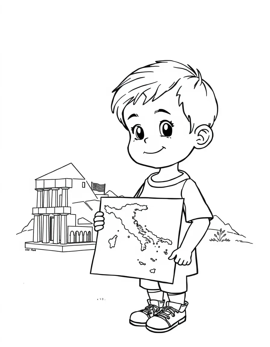 A child with a map of Greece and ancient ruins.