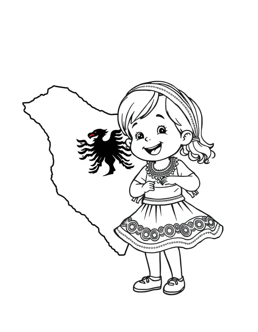 A happy child with a map of Albania and a traditional dance.