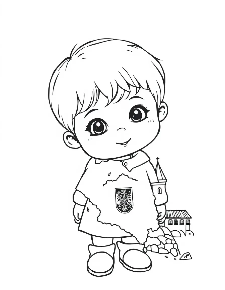 A child with a map of Serbia and a traditional building.