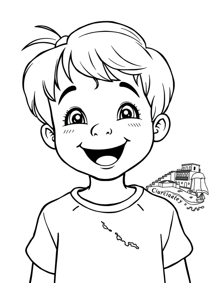 A cheerful child with a map of Croatia and a coastline.