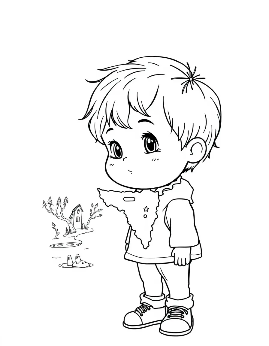 A child with a map of Slovenia and a lake.