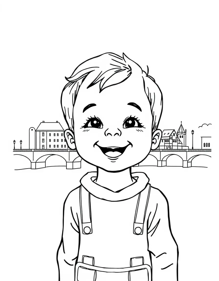 A happy child with a map of Czech Republic and a historic bridge.