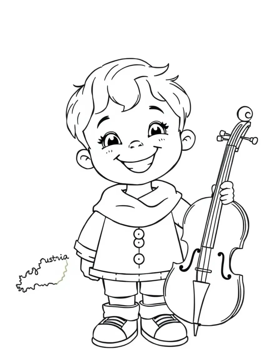 A cheerful child with a map of Austria and a classical music instrument.