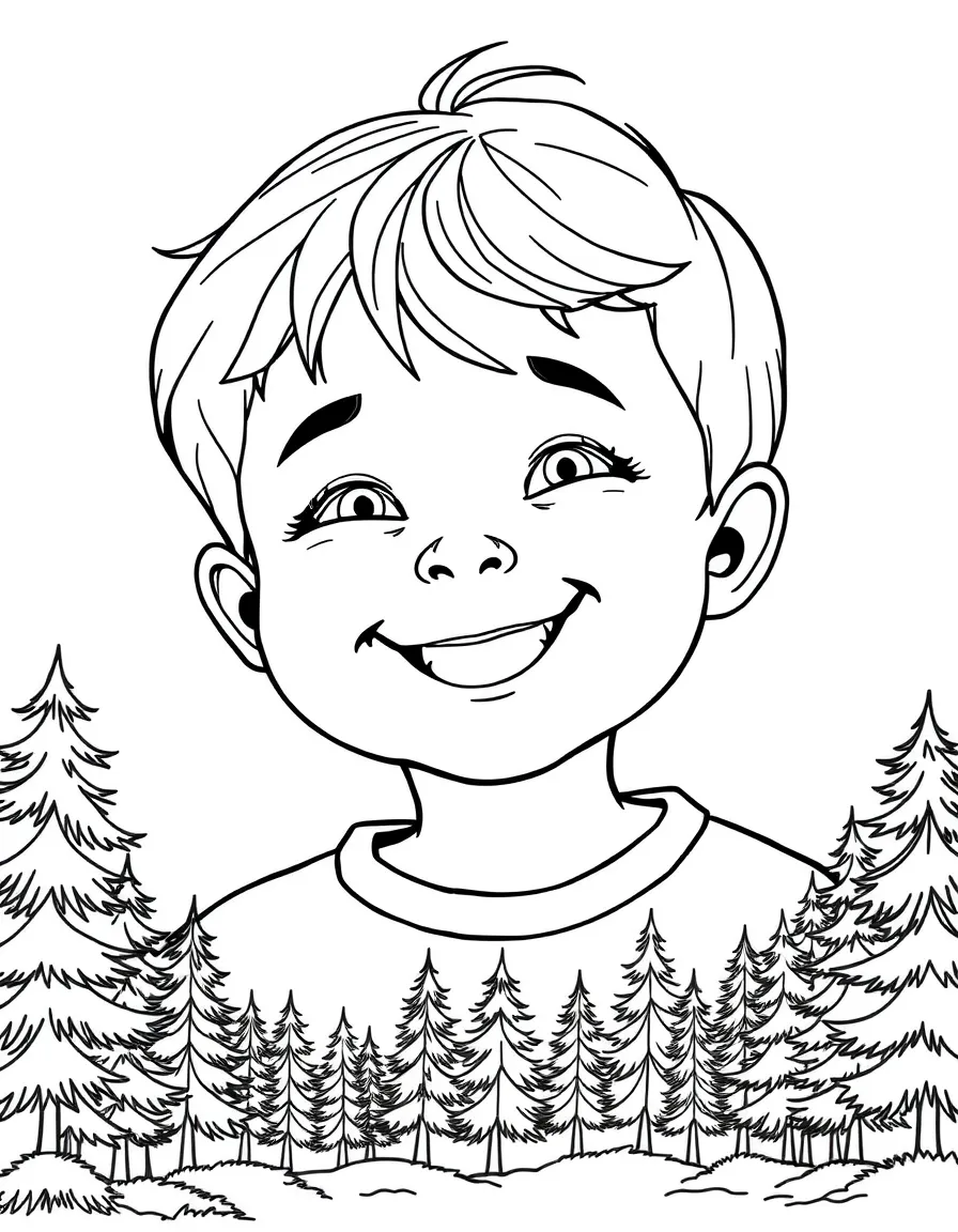 A smiling child with a map of Romania and a forest.