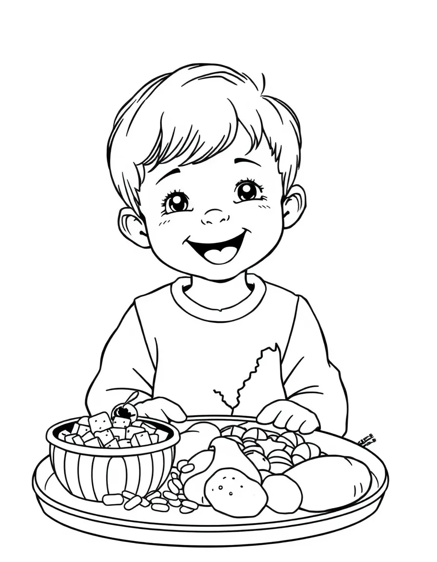 A happy child with a map of Moldova and a traditional meal.
