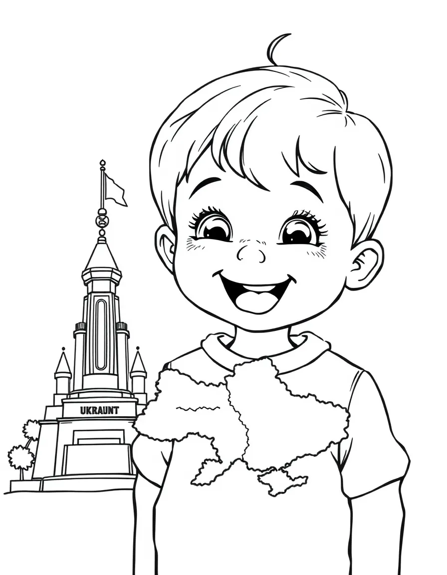 A cheerful child with a map of Ukraine and a national monument.