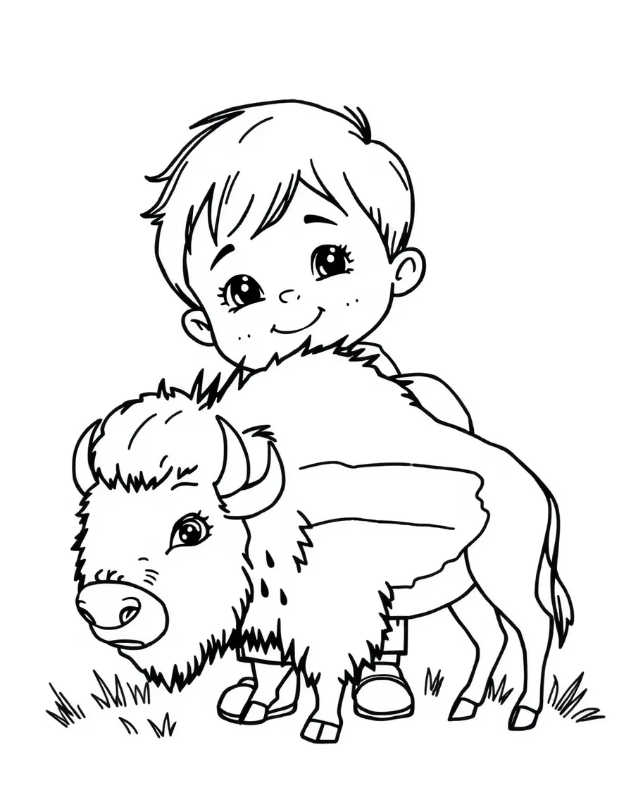 A child with a map of Belarus and a bison.