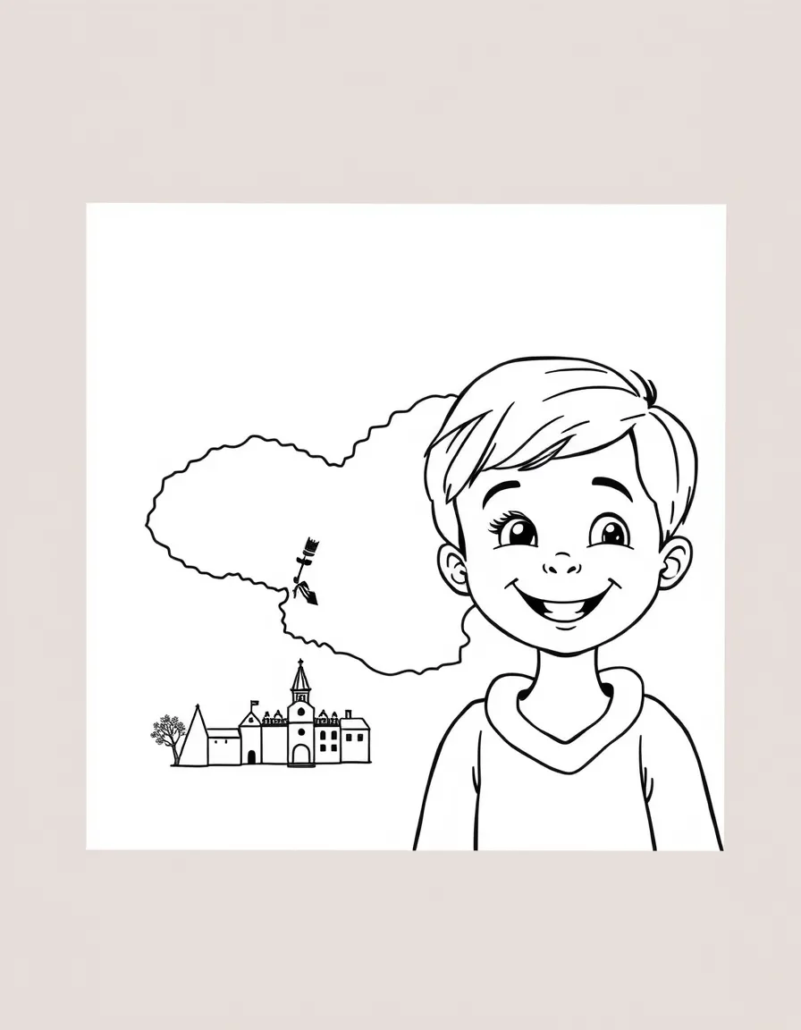 A smiling child with a map of Lithuania and a historic city.