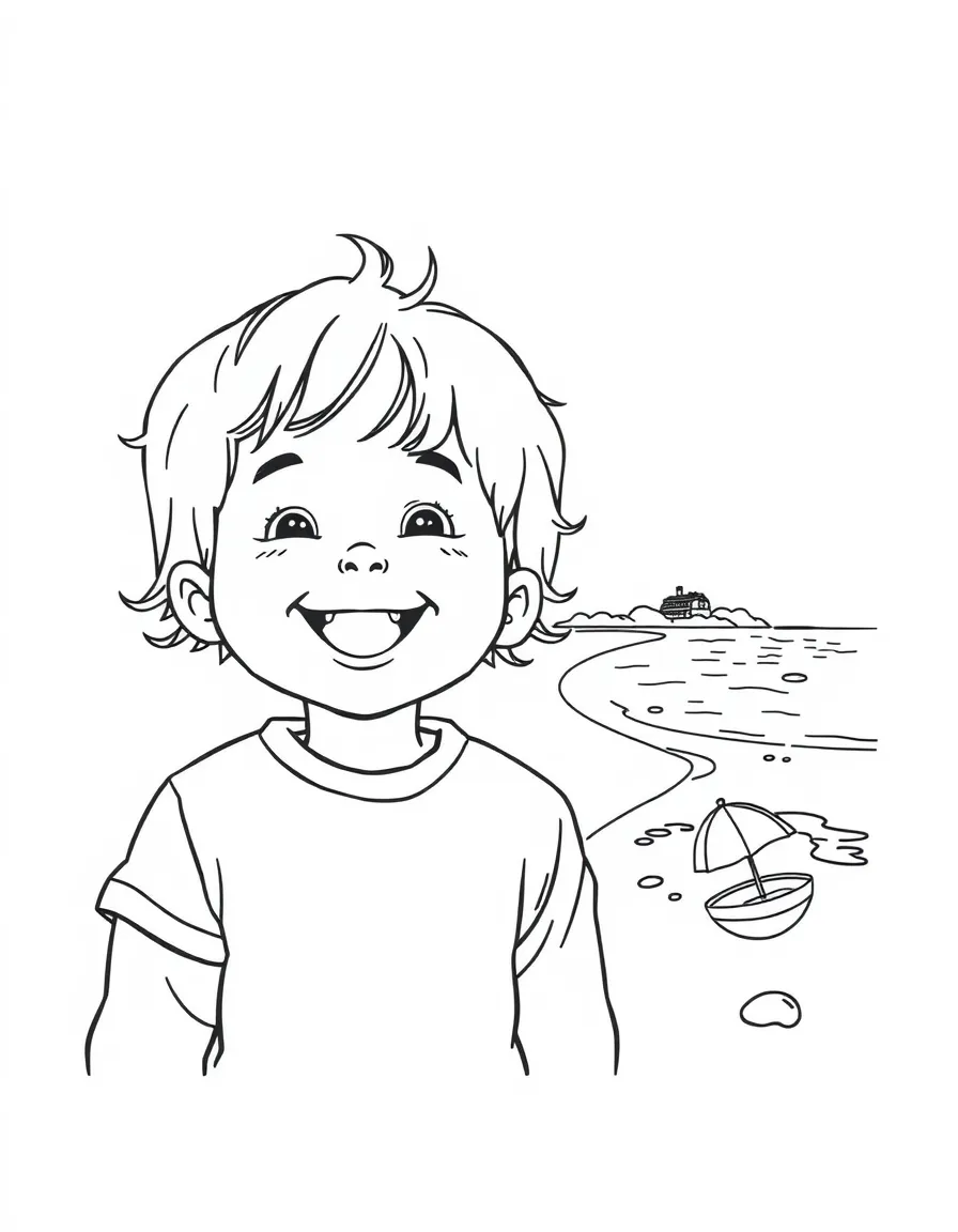 A happy child with a map of Latvia and a beach.