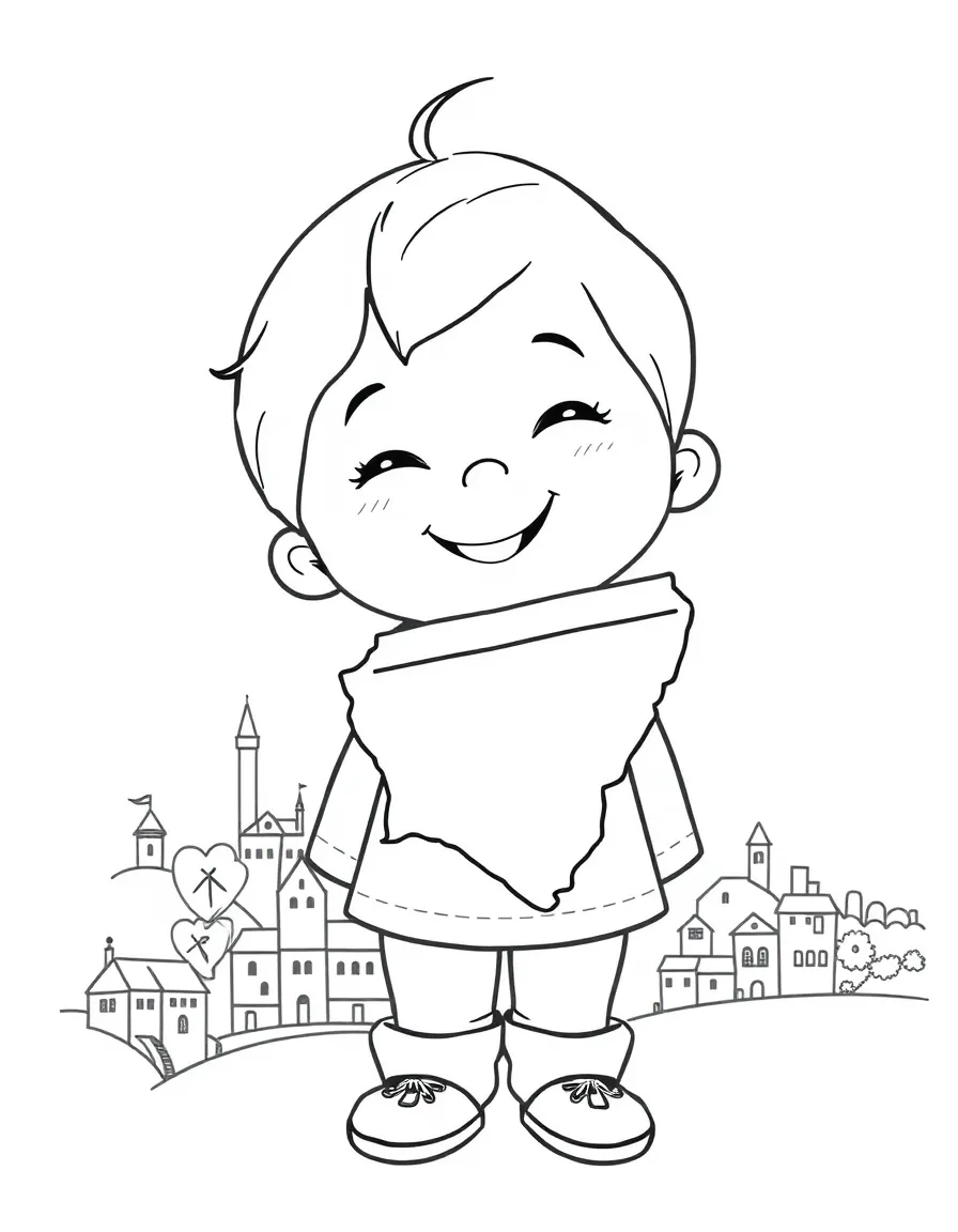 A cheerful child with a map of Estonia and an old town.