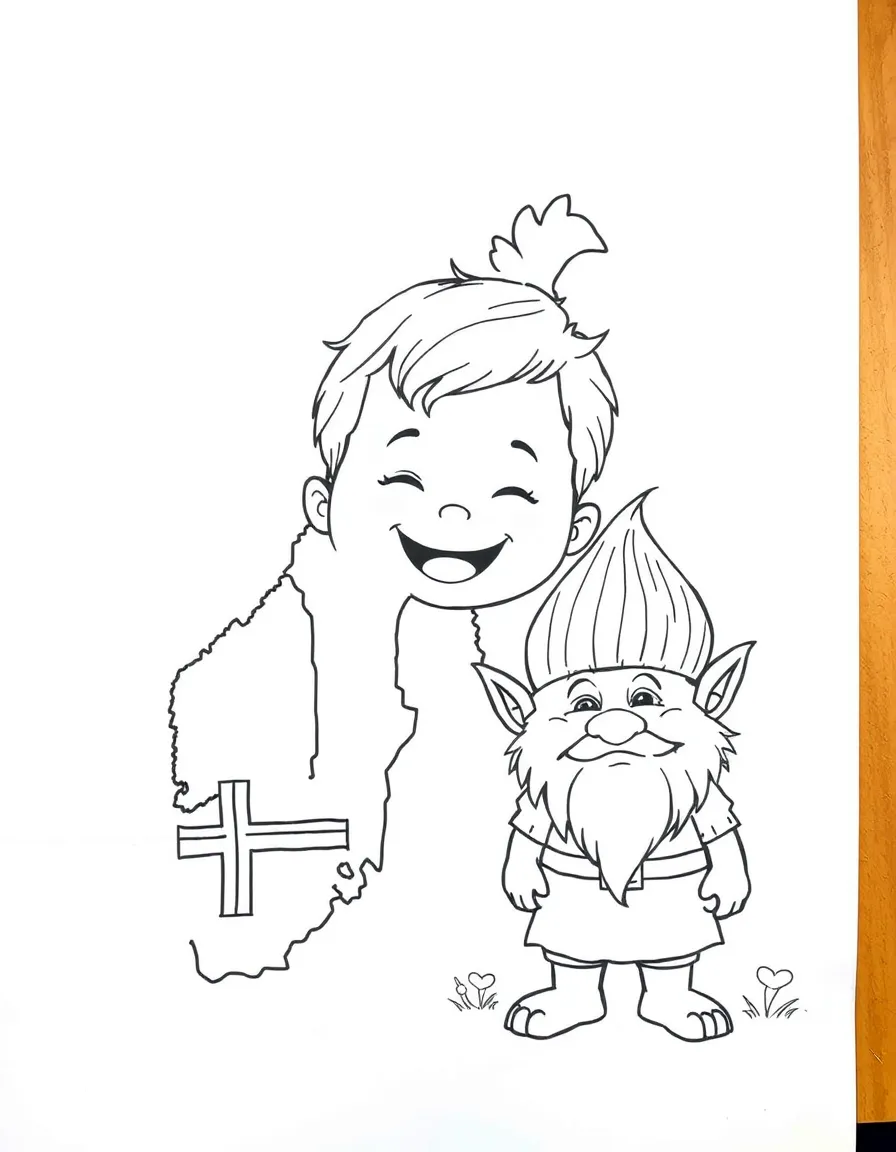 A happy child with a map of Norway and a troll.