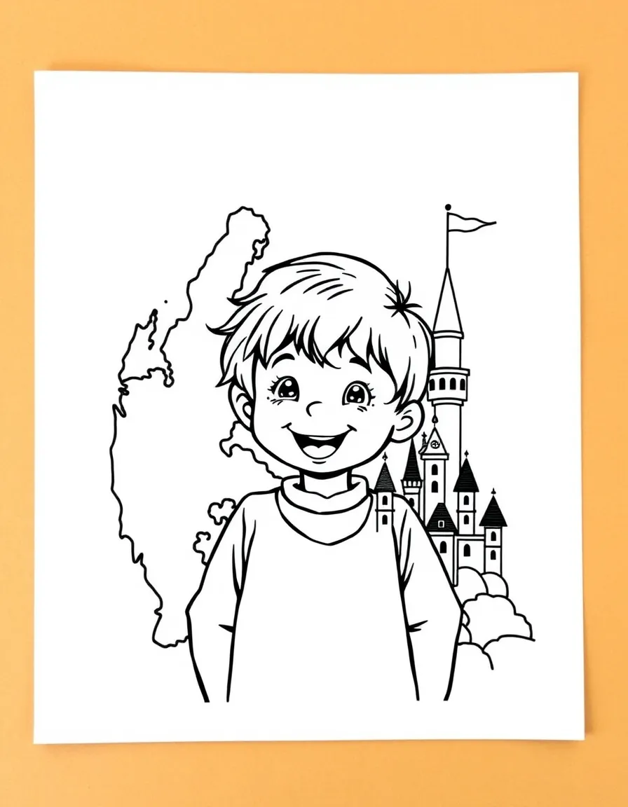A cheerful child with a map of Denmark and a fairytale castle.