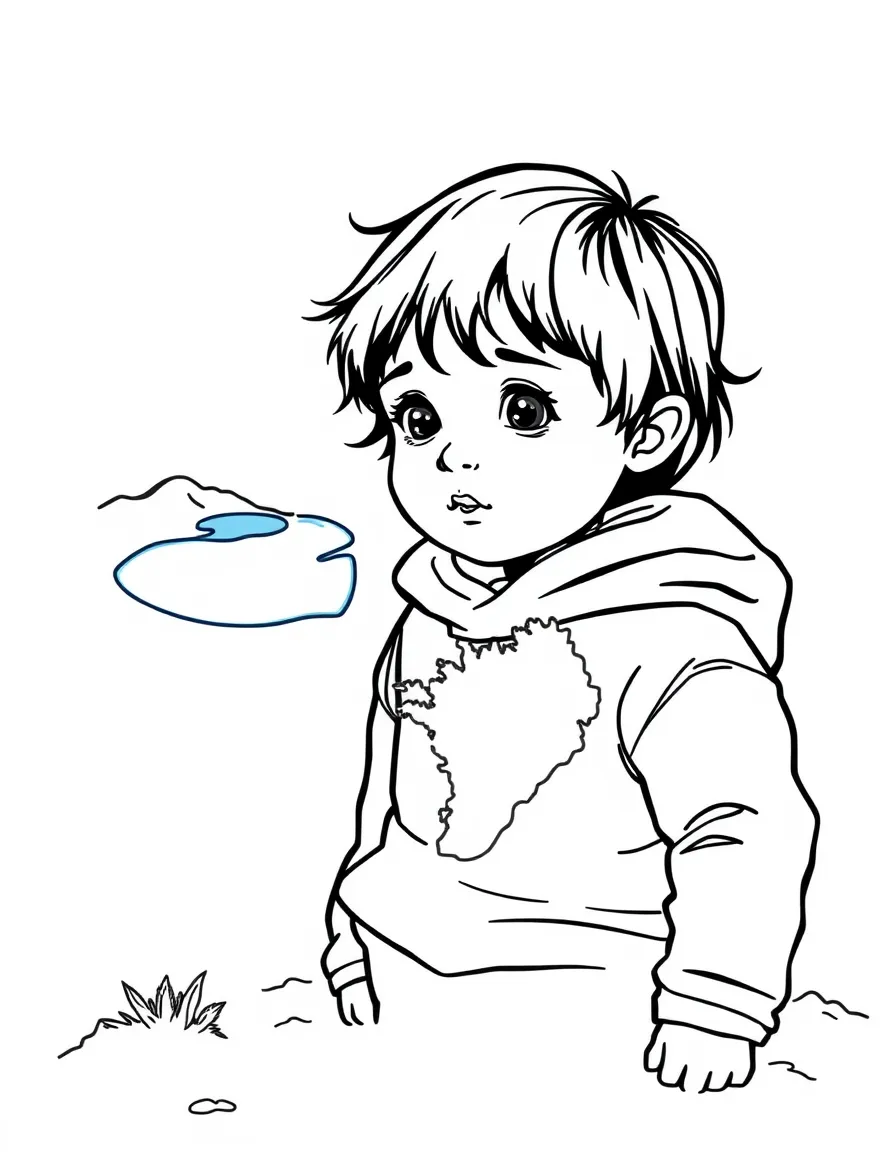 A child with a map of Iceland and a blue lagoon.