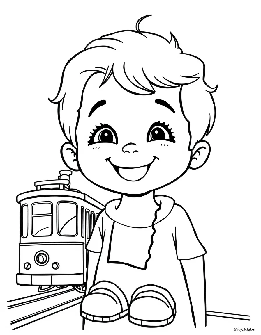 A cheerful child with a map of Portugal and a tram.