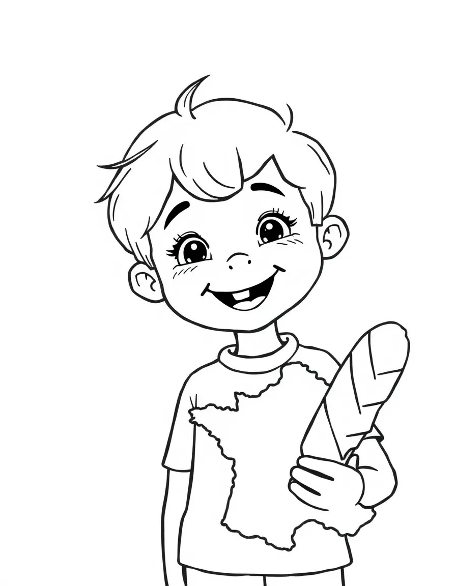 A smiling child with a map of France and a baguette.