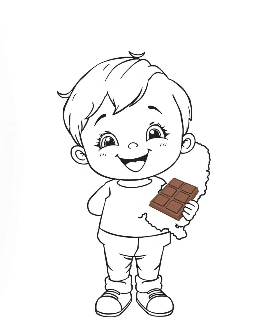 A happy child with a map of Belgium and a chocolate.
