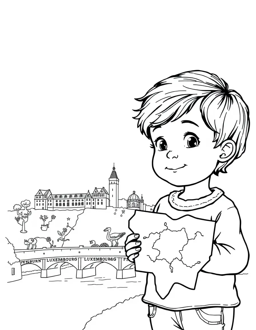 A child with a map of Luxembourg and a bridge.