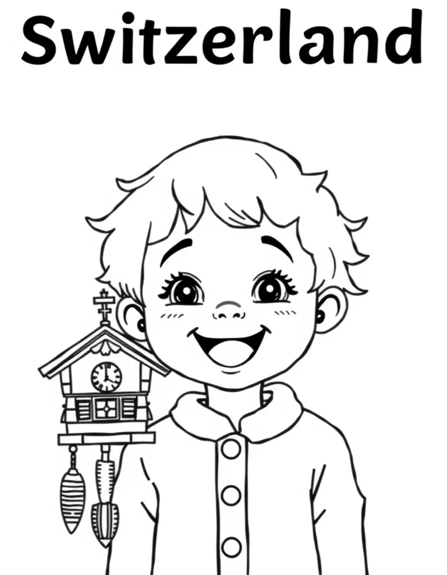 A smiling child with a map of Switzerland and a cuckoo clock.