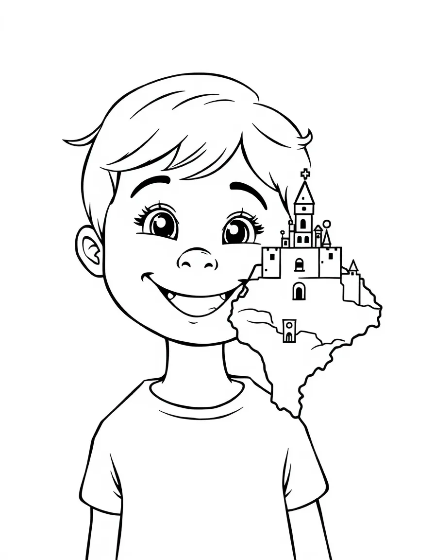 A smiling child with a map of San Marino and a castle.