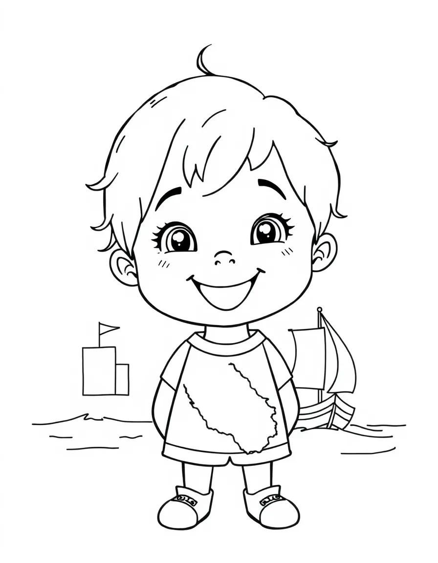 A cheerful child with a map of Malta and a traditional boat.
