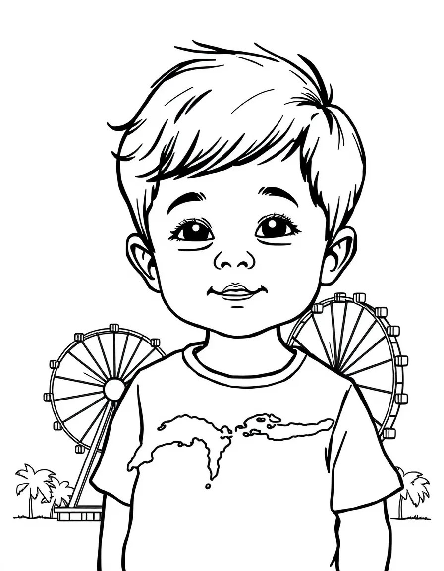 A child with a map of Singapore and a Ferris wheel.