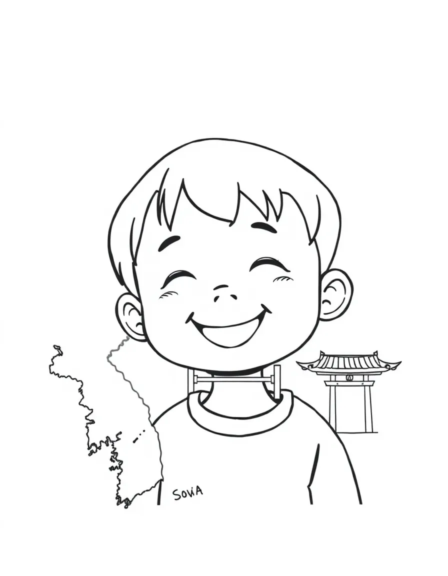 A smiling child with a map of South Korea and a traditional gate.