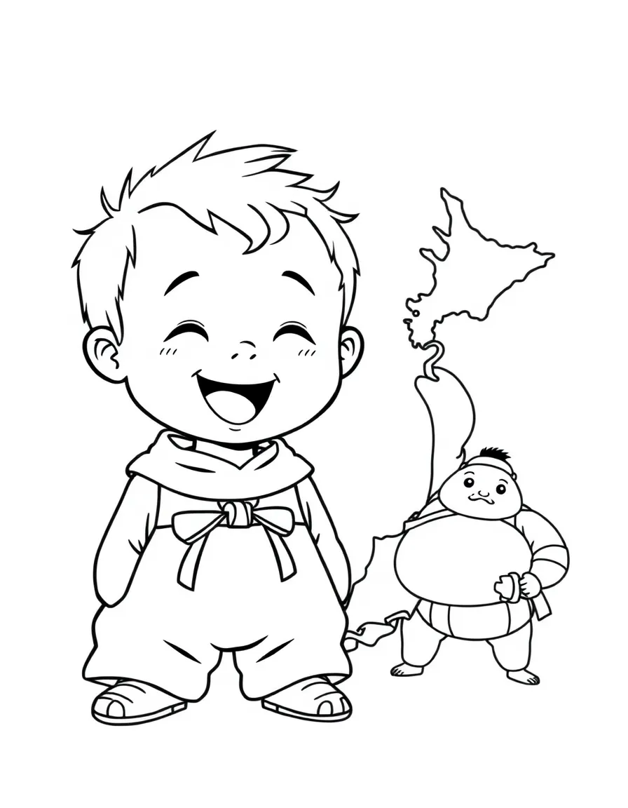 A happy child with a map of Japan and a sumo wrestler.