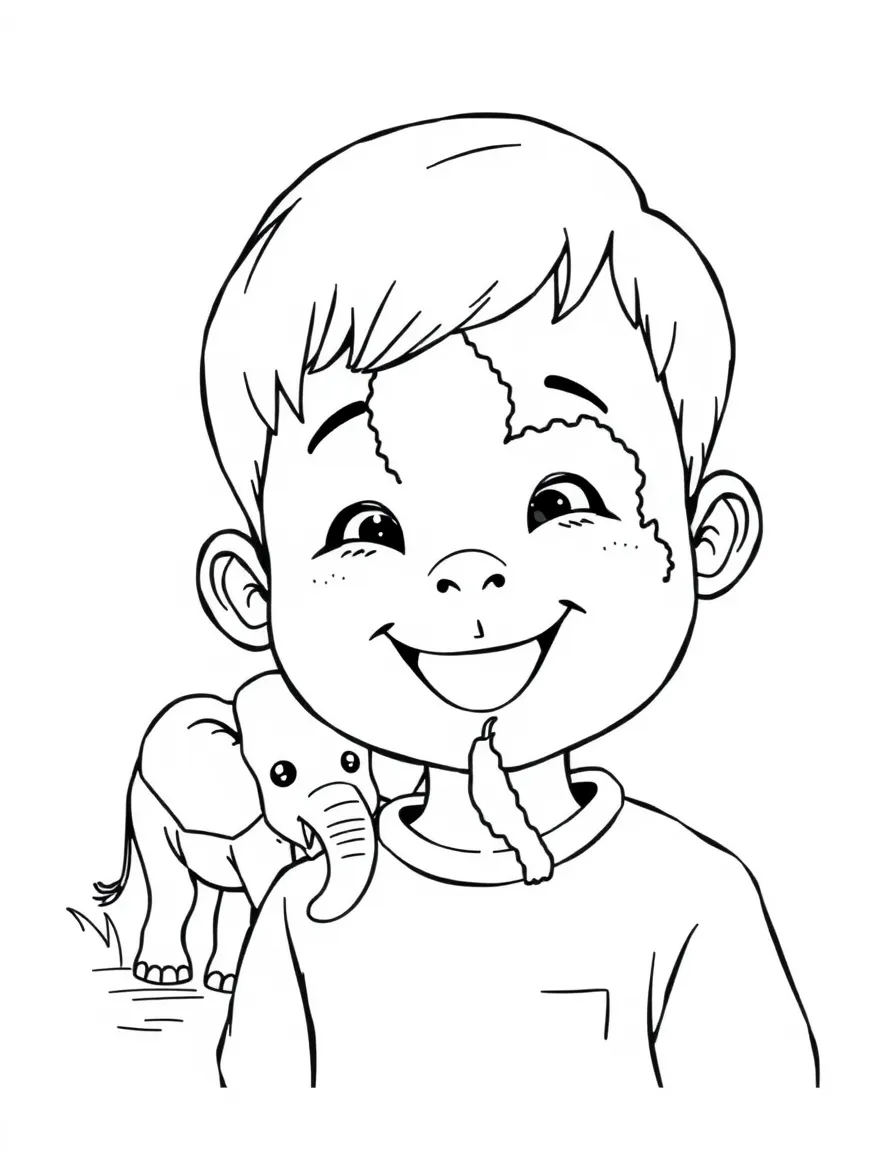 A smiling child with a map of Thailand and an elephant.