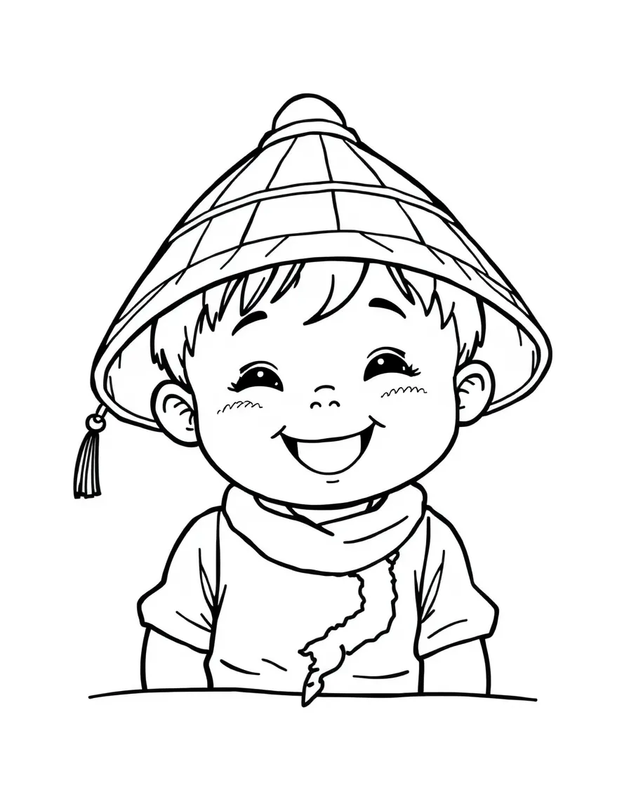 A happy child with a map of Vietnam and a traditional hat.