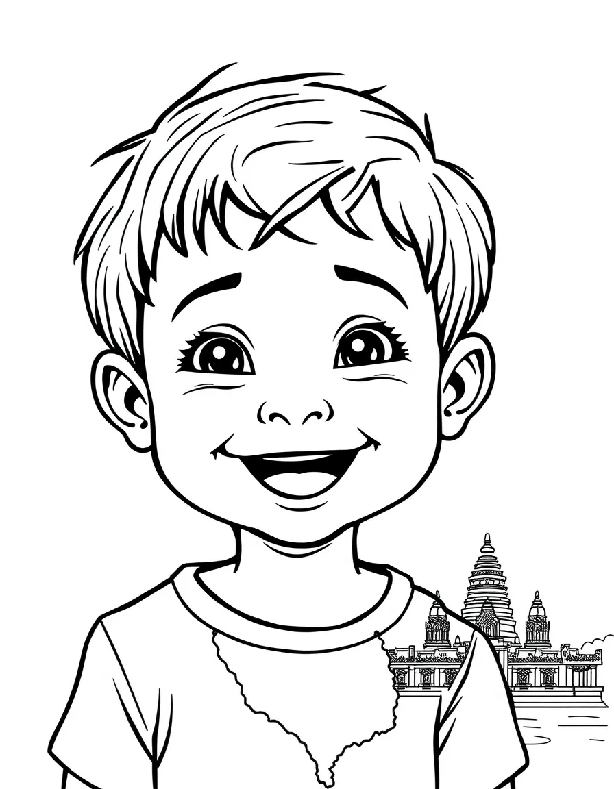 A cheerful child with a map of Cambodia and Angkor Wat.