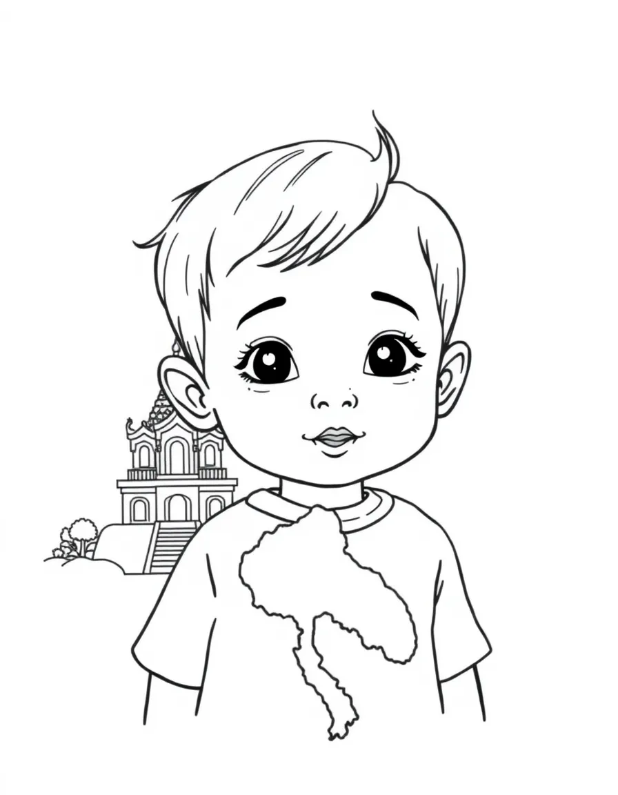 A child with a map of Laos and a temple.